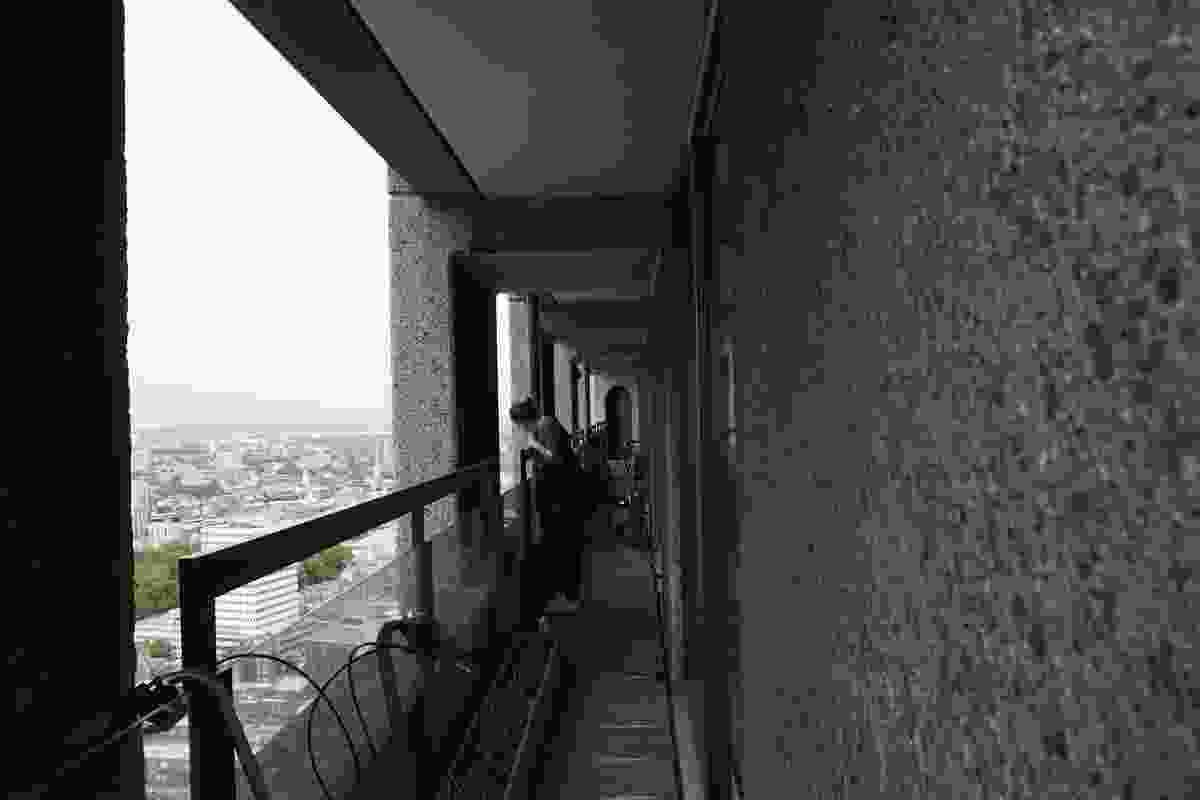 Balconies run around the perimeter of apartments in the three Barbican Estate tower blocks. 