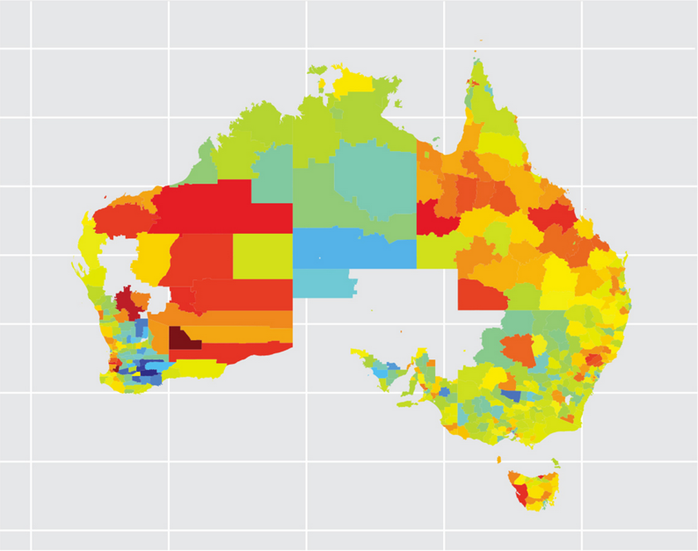 Map showing the areas of Australia most likely to be impacted by job automation over the next 10 to 15 years (in red).