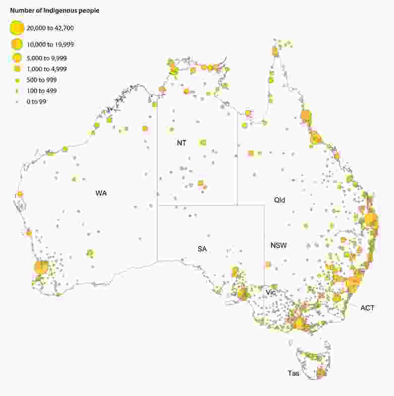Map of Indigenous settlements and population distributions across Australia, 2011, copyright Australian Institute of Health and Welfare (AIHW), “The health and welfare of Australia’s Aboriginal and Torres Strait Islander peoples,” Cat. No. IHW 147 (Canberra: AIHW, 2015), 14.
