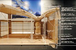 Detail of the Bingie Point House display showing the arrangement of the etched sectional drawing that overlays the sectional model.