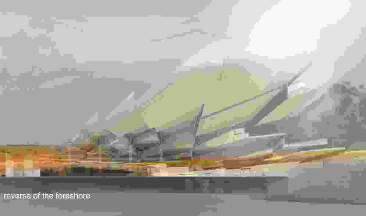 Rendering of proposed cultural facility showing the inverted foreshore tessellations, integrated with a diagonal grid of column and beams.