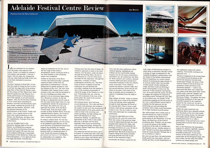 Ian Brown’s review of the Festival Centre in Architecture Australia, November 1977.