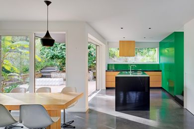 The intersection of the kitchen and meals area with the outside patio.