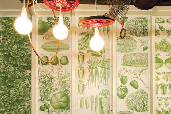 The monochrome wallpaper was created from Fin de Siecle botanical illustrations of produce.