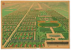 Perspective of Karl Langer’s proposed town plan in its completed state, looking east.