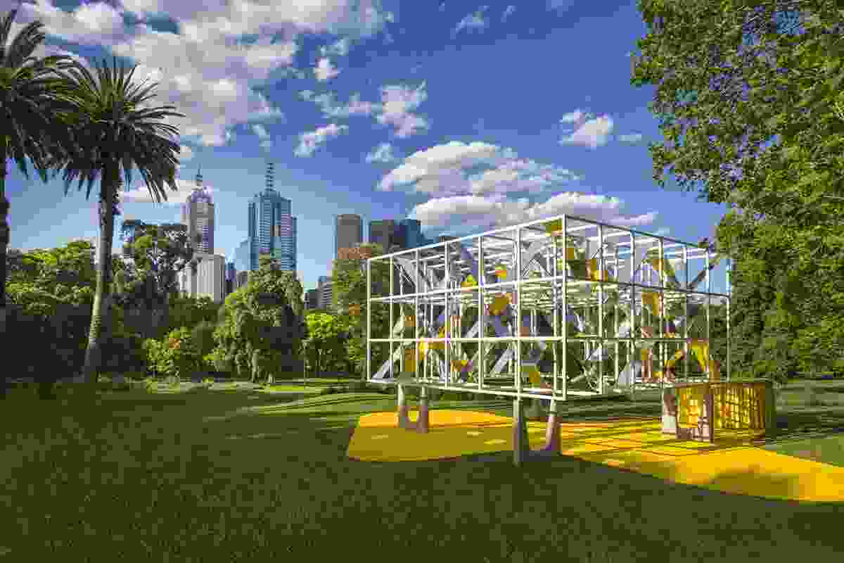 Map Studio's 2021 MPavilion is a reticular steel structure in galvanized and painted tubular profiles.