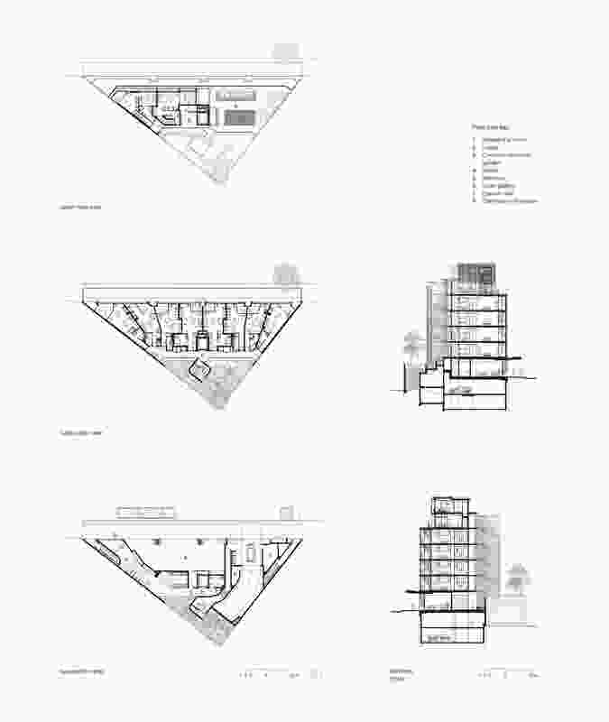 Plans and sections of Studio Apartments by Hill Thalis Architecture and Urban Projects.