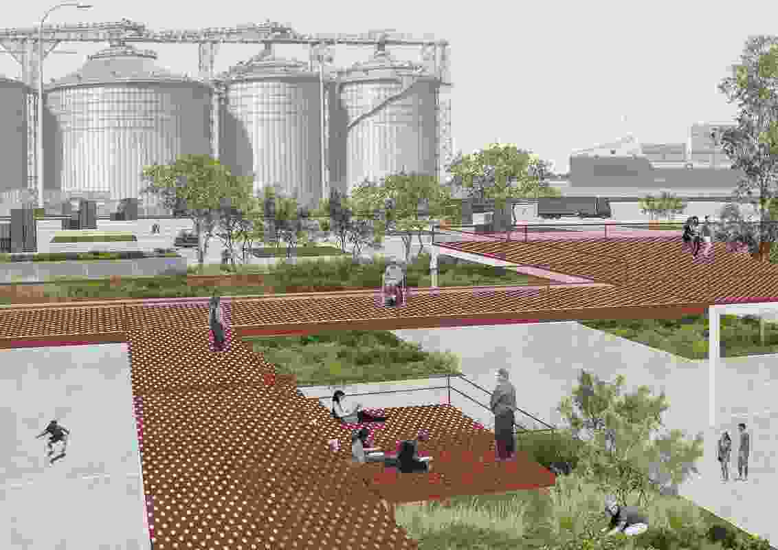 From merchandise to healthy soil and access – the design reuses the site's shipping containers, both in the phytoremediation process and as elevated walkways.