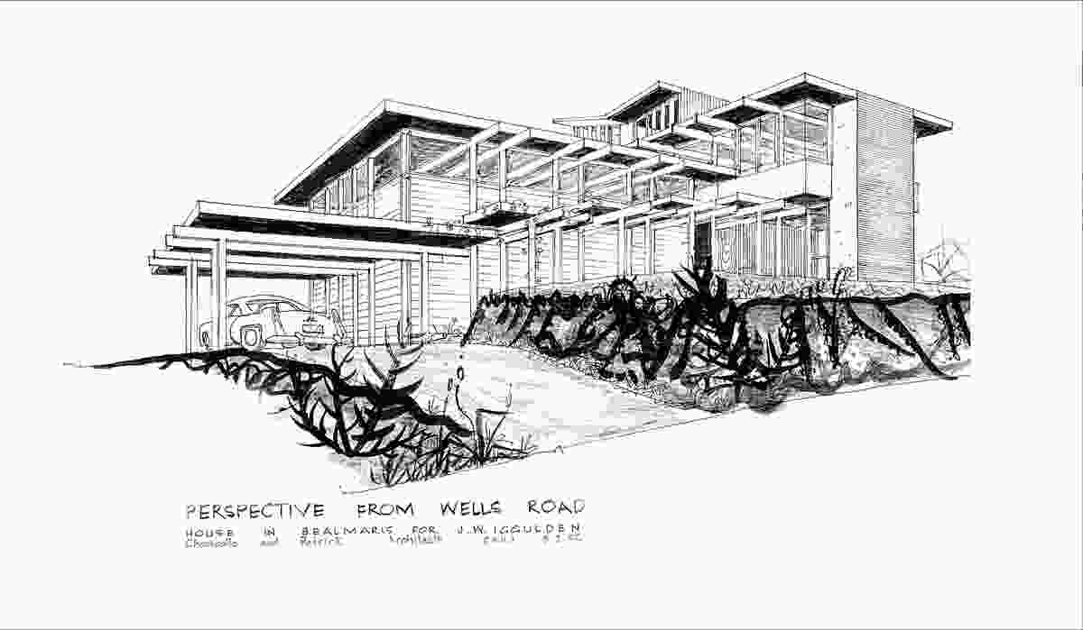 Iggulden House, Beaumaris, 1955. Perspective from Wells Road, drawn by Colin Jones, 1955.