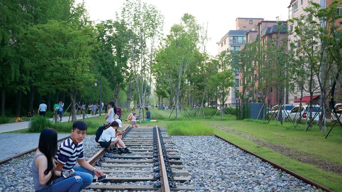 Gyeongui Line Forest Park by DSW Landscape Design and Construction Co. is a linear park converted from an abandoned railway in 2015.