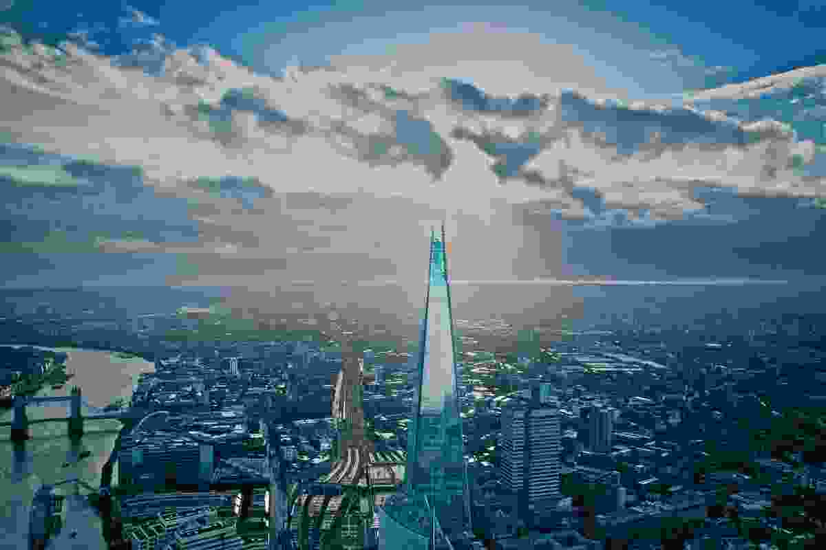 An aerial view of London, featuring Renzo Piano Building Workshop’s The Shard.