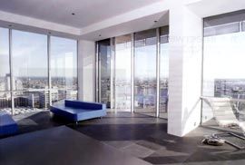 View over Docklands and the city from the penthouse apartment.