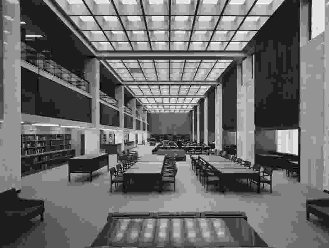 The main reading room of the National Library of Australia by Bunning and Madden, shot from the eastern end (1968).