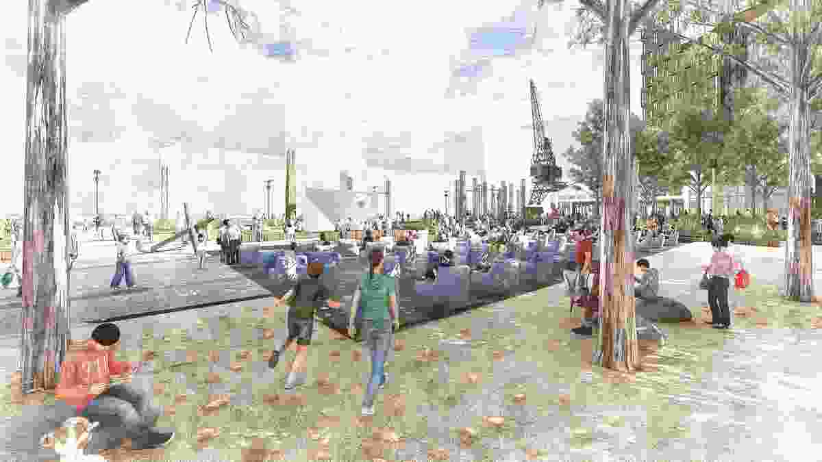 The proposed Seafarers Rest park in Docklands by Oculus in collaboration with the City of Melbourne.