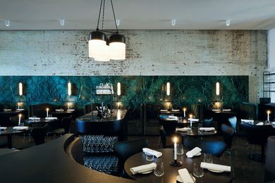 Cutler & Co.’s eastern wall in the main dining room is clad to half-height in beautifully marbled green Pilbara stone panels.