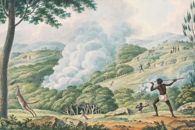 Aborigines Using Fire to Hunt Kangaroos, Joseph Lycett, approximately 1775–1828.