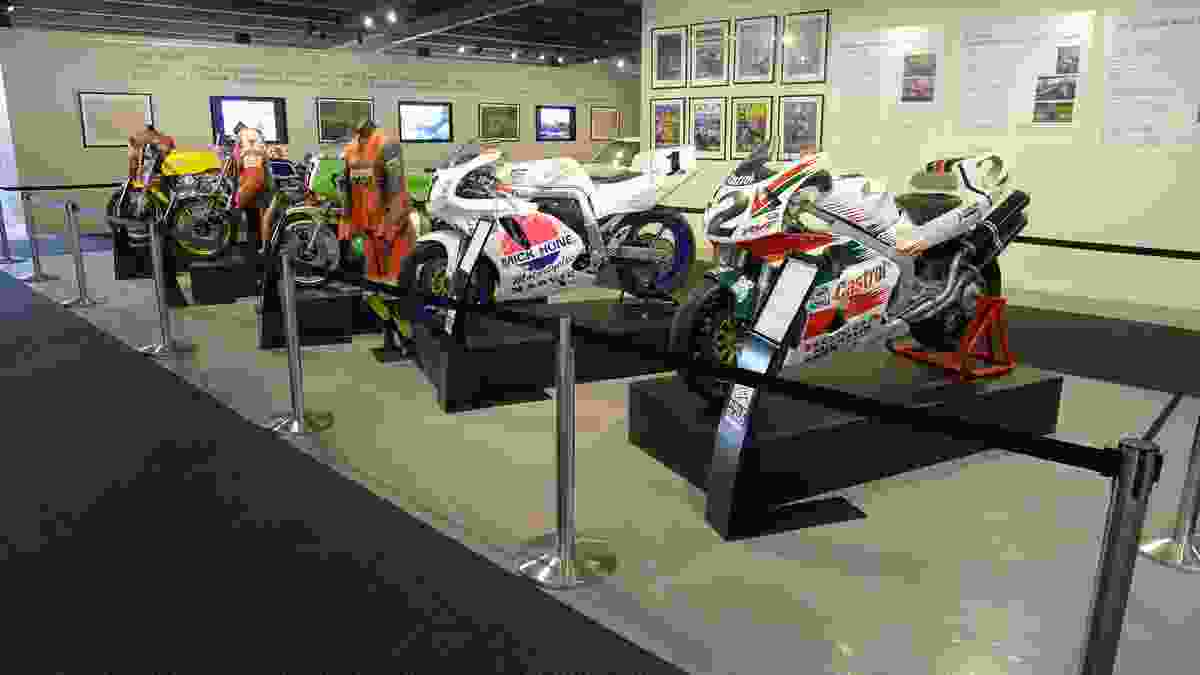 The collection of historic Grand Prix motor bikes is mounted on a series of flexible Drama Boxes, which can be rearranged to suit display requirements.