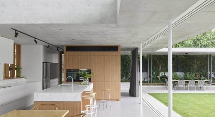 At Scotia (2021), a large concrete roof allows living spaces to be both open and covered, qualities that recall the shady undercroft of Queenslander houses.