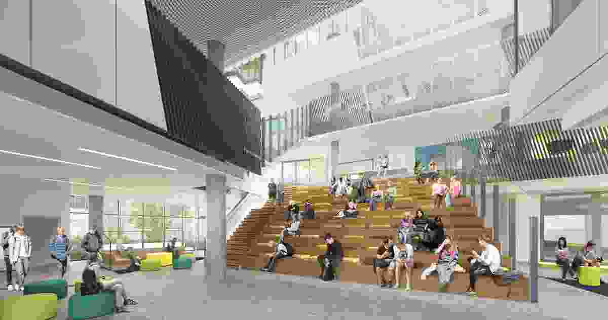 The proposed Prahran High School by Gray Puksand will feature an open atrium with a series of bleachers.