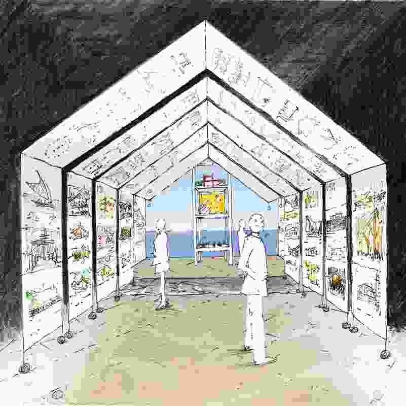 A concept sketch for the New Zealand Exhibition at the 14th Venice Architecture Biennale by Julie Stout, 2014.