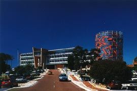 The new building for the Curtin Business School and School of Physiotherapy and the adjacent thermal water tank define the northern entry to Curtin’s Bentley Campus.