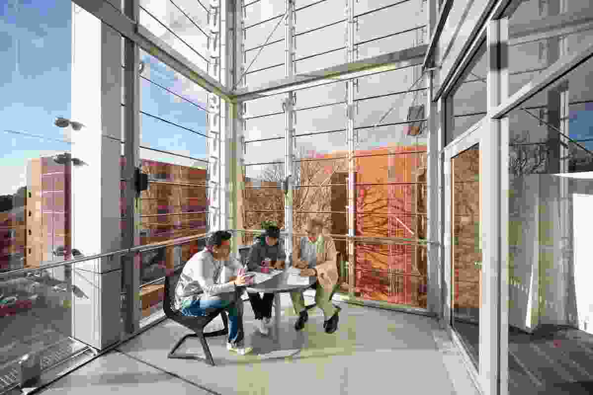 Transparent louvred wintergardens serve as informal learning areas.