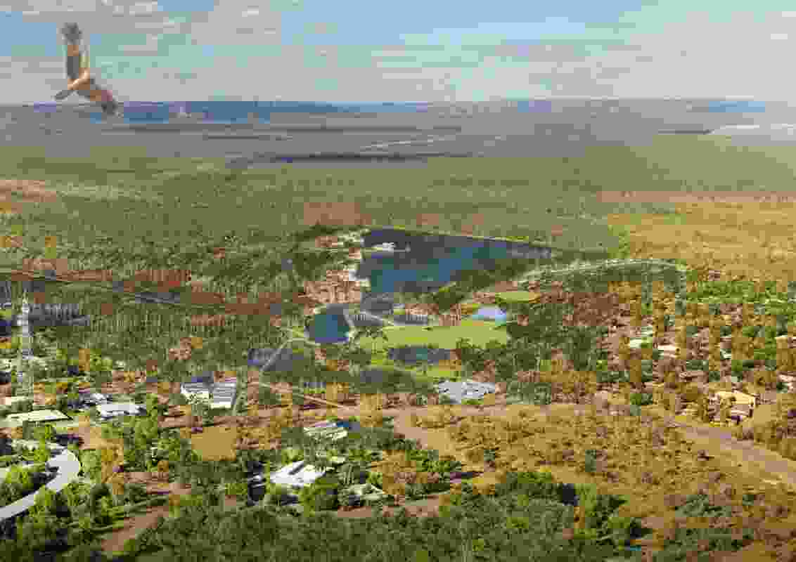 Aerial view of the Jabiru masterplan by NAAU and Enlocus.