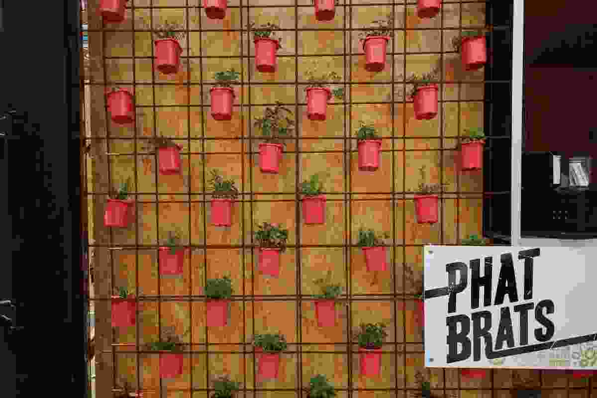 Detail of the Phat Brats cafe planter wall made from steel mesh.