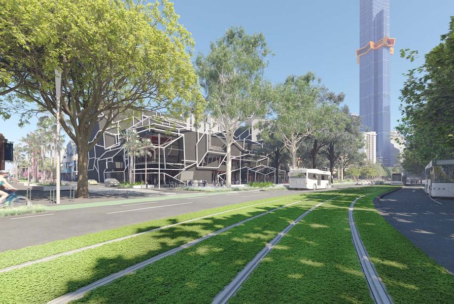 The proposed Southbank park by the City of Melbourne's City Design Studio, featuring the under-construction Australia 108 building by Fender Katsalidis Architects.