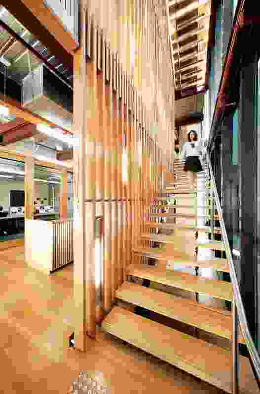 A four-storey “vertical street” at the northern end of the building is a lively space with timber screens and steel stairs.