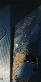 Detail of the west facade of the ACMI, with stone cladding meeting aluminium. Image: Trevor Mein.