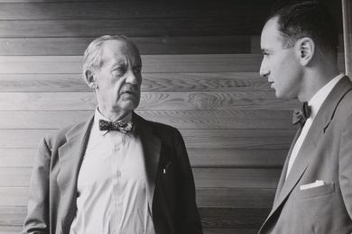 Walter Gropius and Harry Seidler, taken in 1954 at Seidler's under-construction Julian Rose House (Wahroonga NSW).