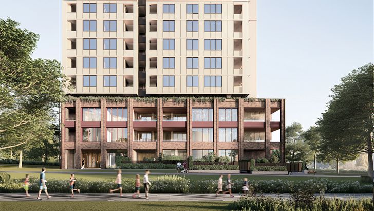 Along with elevated communal terraces, the top of the textural brick podium is designed to connect residents to sky Country.