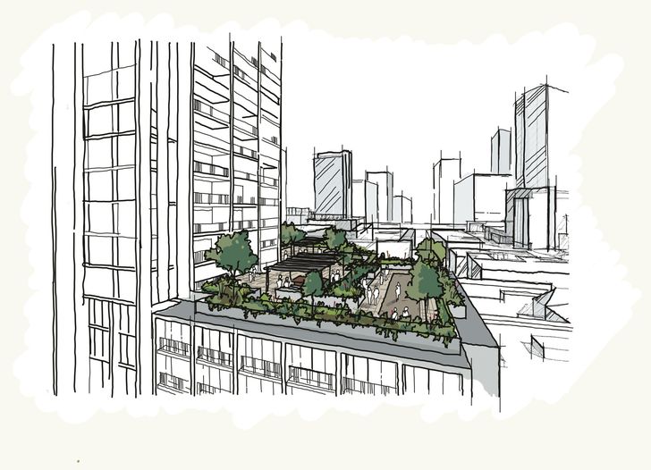 At podium level, a significant communal open space featuring a bocce court, landscaped seating and covered barbecue areas for residents and visitors is intended to serve as an active shared focal point for the building.