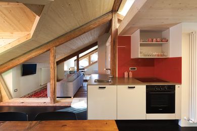 Visitors to the apartment step over and through the truss framing.