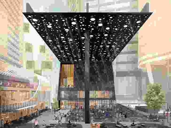 The proposed plaza and building on Sydney's George Street designed by David Adjaye and Daniel Boyd.