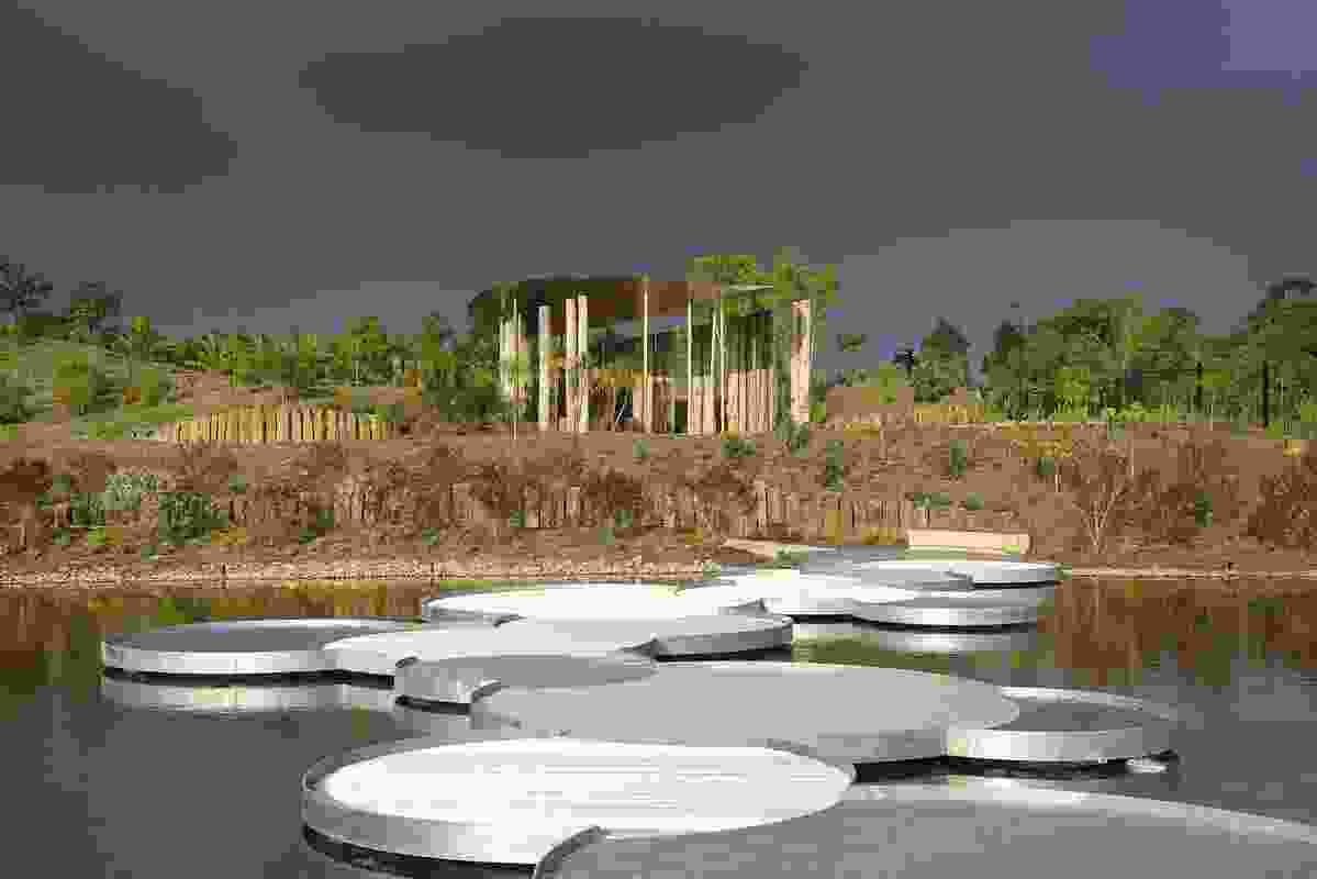 A lily pad-inspired bridge crosses the lake connecting to the Gondwana Garden.
