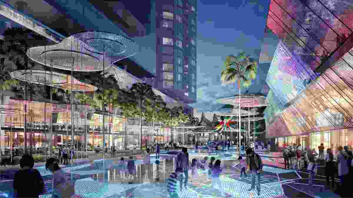 The interactive digital carpet in the Parramatta Square public domain by James Mather Delaney Design, Taylor Cullity Lethlean, Tonkin Zulaikha Greer and Gehl Architects.