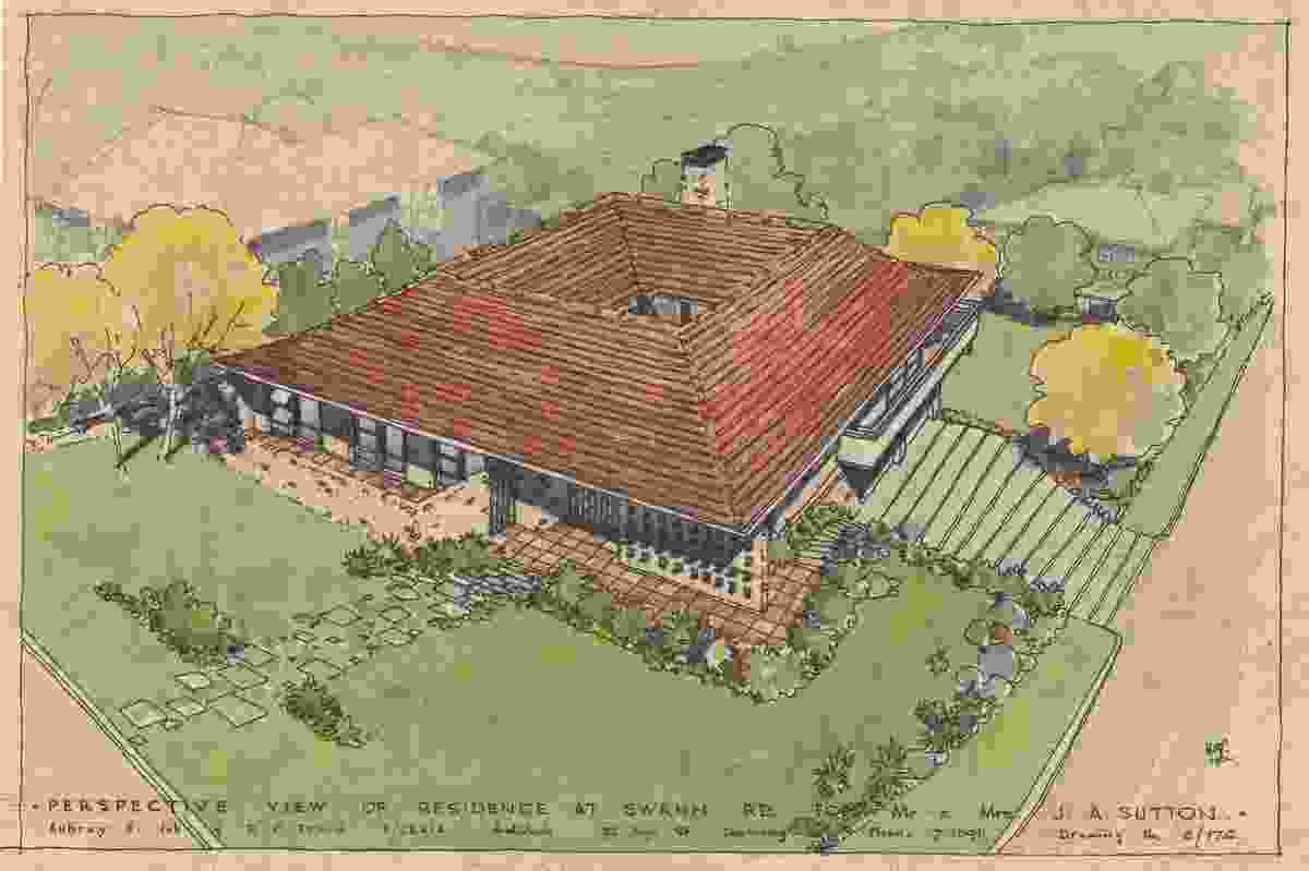 Perspective of the proposed Taringa residence for Mr and Mrs J. A. Sutton by Aubrey H. Job and R. P. Froud.