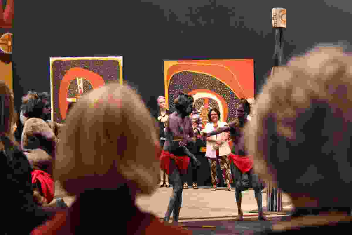 Tiwi performers (in front of Timothy Cook’s work).