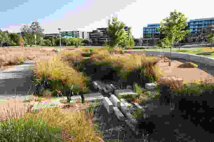 The park’s water management infrastructure daylights stormwater treatment - pictured here in dry times.