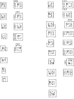 An early example of generative plans for an Aboriginal community housing portfolio, based on self-build staged technology, designed by architect Ken George at Wilcannia, 1976. From Paul Memmott, Humpy, House and Tin Shed (University of Sydney, 1991.)
Column 1: Stage 2 variants
Column 2: Variants produced by combining Stage 2 plan form with breezeway and double bedroom modules
Column 3: Stage 3 variants
Column 4: Stage 4 variants