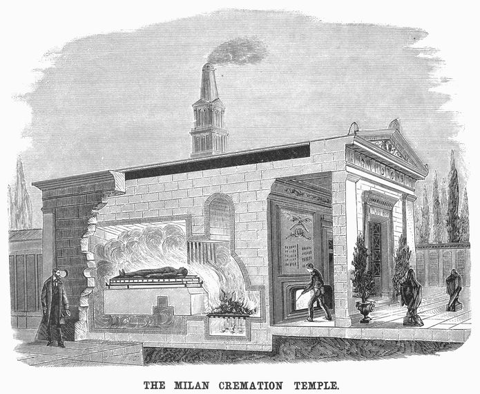 An American wood engraving of The Crematorium at Milan, Italy (1881). The crematorium was designed by Carlo Maciachini and opened in 1876.