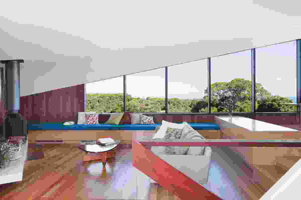 The huge windows of the elevated living space provide an “immersive” view of tea-tree scrub and the Southern Ocean.