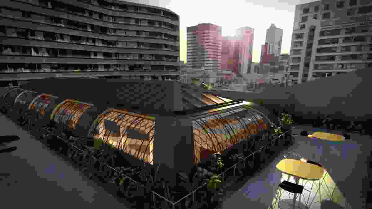 An artist's impression of the rooftop terrace that will be established above Queen's Hall in the redevelopment of the State Library of Victoria.