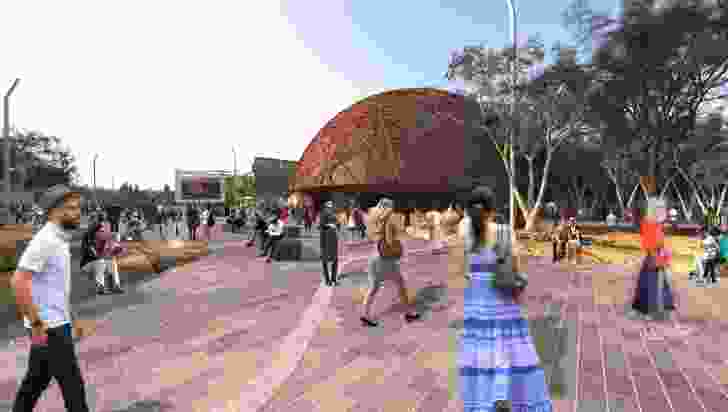 A proposed Tasmanian Aboriginal history centre in MONA's vision for the redevelopment of Macquarie Point designed by Fender Katsalidis and Rush Wright.