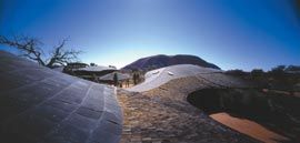 Aerial view of Gregory Burgess Architects’ Uluru-Kata Tjuta Cultural Centre. Photograph John Gollings. 