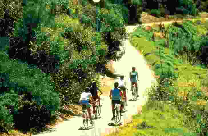 Cyclists wind along the river’s edge on the park’s shared path, circa 1980s.