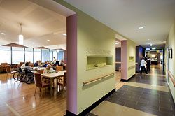  View of the entry to the Sorrento Ward. In both wards patients and visitors walk past the lively space of the dining room before reaching the nurses’ station and rooms. Image: John Gollings 