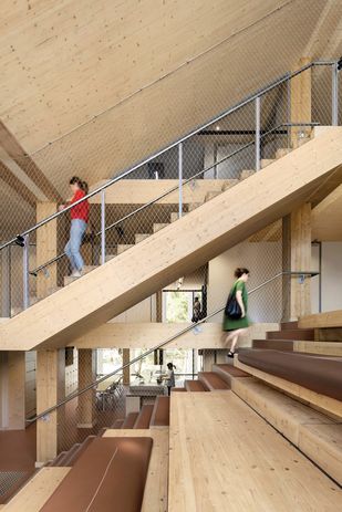 At Jackson Clements Burrows Architects’ student accommodation at La Trobe University in Melbourne, more than 90 percent of the load-bearing walls and columns were constructed from CLT and glulam.